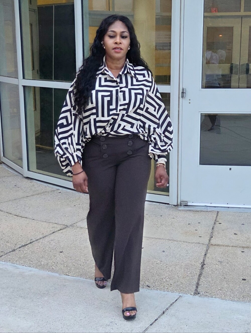 Geometric Black & Cream Oversized Button-Up Blouse